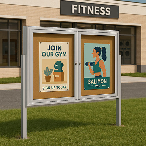 Freestanding 2 Door Enclosed Outdoor Bulletin Boards 48" x 48" with Lights + Posts
