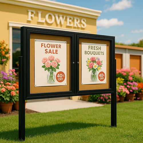 Freestanding 2 Door Enclosed Outdoor Bulletin Boards 48" x 60" with Lights + Posts