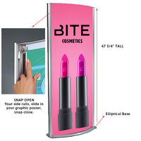 Illuminated curved totem floor stand displays two posters 27 x 67 and stands with an overall height of 67.5"