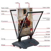 Get to know your display! This display features many security locks, a waterproof frame, compartment for the battery, plastic poster clips, and more for this pavement sidewalk display!