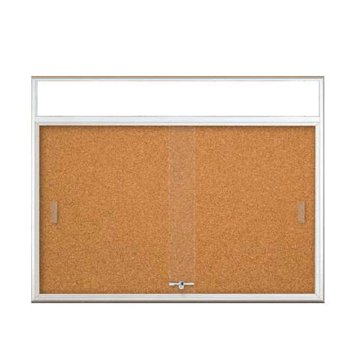 ENCLOSED BULLETIN CORK BOARD (RADIUS EDGE) WITH SLIDING DOORS & PERSONALIZED HEADER