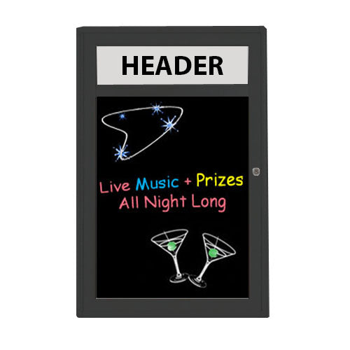 Indoor Enclosed Dry Erase Markerboard with Radius Edge and Header - Black Porcelain Steel
