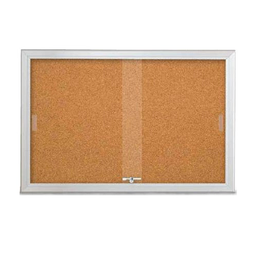 96 x 24 INDOOR ENCLOSED CORK BOARD SLIDING GLASS DOORS WITH RADIUS EDGES & MITERED CORNERS (SHOWN IN SILVER)