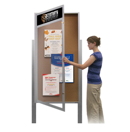 48 x 48 Extra Large Outdoor Bulletin Board Display Case on Posts with Your Personalized Message Header and XL Single Door Metal Cabinet