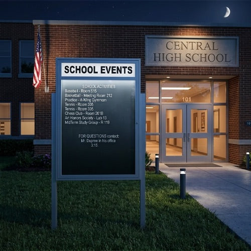 Extra Large Outdoor Enclosed Letter Boards with Posts, Message Header and LED Lights | XL Door 15+ Sizes
