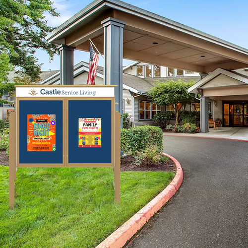 40" x 50" Outdoor Message Center with Post,  Enclosed Cork Bulletin Board Cabinet with Your Message Header +  2-Door Information Board
