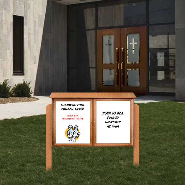 Eco-Design, Faux Wood Outdoor Message Center + Magnetic White Dry Erase Board 60" x 40" with Double-Door Cabinet + Posts