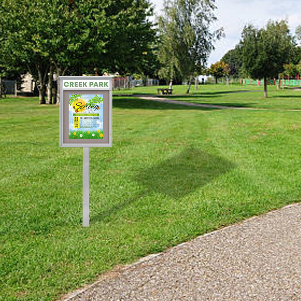 Outdoor Standing "MINI" Message Center Bulletin Board 16" x 34" with Header | Left Hinged Single Door, Eco-Friendly Faux Wood Cabinet