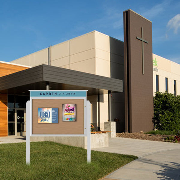 36" x 36" Viewable Area Outdoor Message Center Cork Board with Header | Single Door with Posts