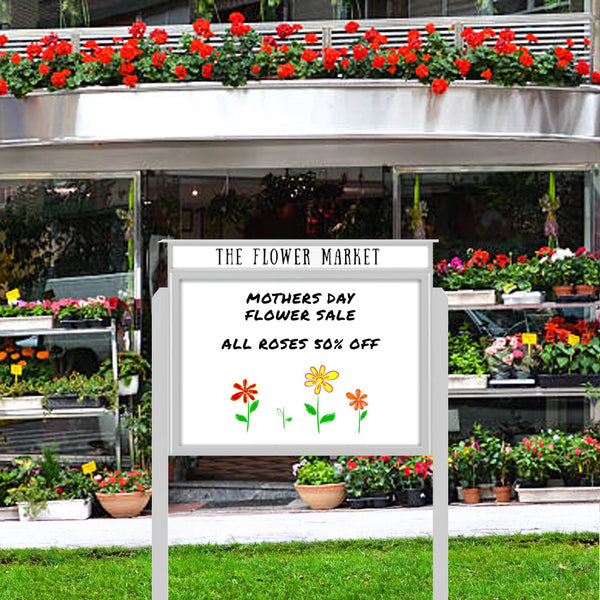 30" x 36" Viewable Area Magnetic White Dry Erase Board Outdoor Message Center with Header and Posts (Single Door)