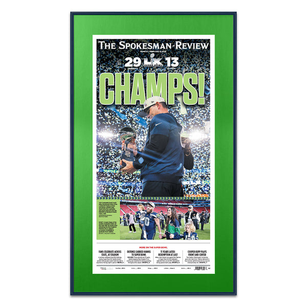Seattle Seahawks Superbowl 60 Newspaper Metal Display Frame | Shown with Indigo frame finish and Irish Green matboard