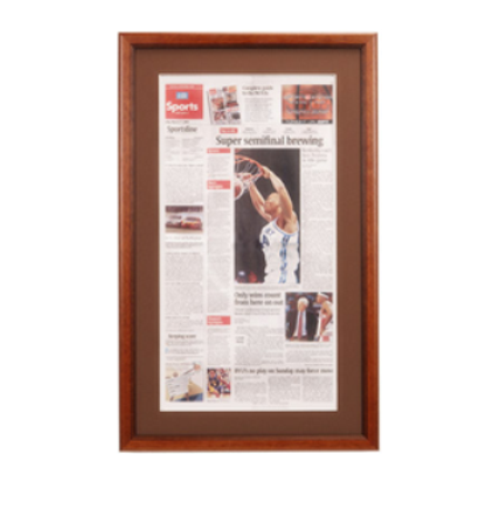 Classic Wood Frame Newspaper Display Frames with Elegant Frame Profile #353 and Beveled Matboard