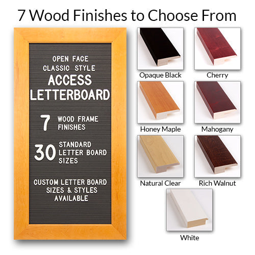 Access Letterboard™ | Open Face Framed Black Vinyl Letter Board with BOLD Wide Wood Frame Offered in 7 Finishes