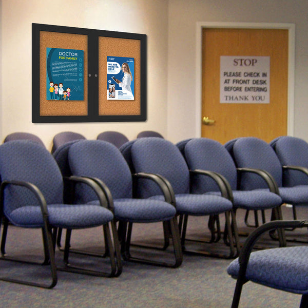 60 x 24 INDOOR Enclosed Bulletin Cork Boards 2 DOOR