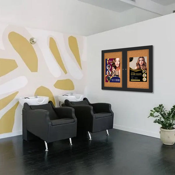 Indoor Enclosed Cork Bulletin Board 60x48 with Smooth Rounded Corners and 2-Door Lockable Metal Cabinet