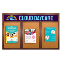 96 x 48 WOOD Indoor Enclosed Bulletin Cork Boards with Message Header (3 DOORS)
