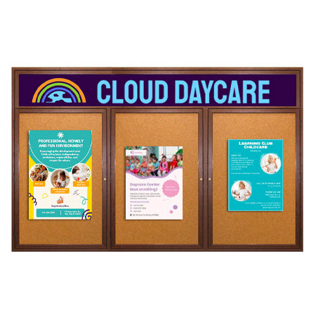 96 x 48 WOOD Indoor Enclosed Bulletin Cork Boards with Message Header (3 DOORS)