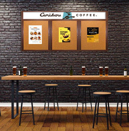 96 x 48 WOOD Indoor Enclosed Bulletin Cork Boards with Message Header (3 DOORS)