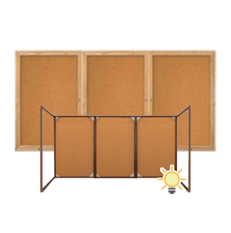 72 x 36 WOOD Indoor Enclosed Bulletin Cork Boards with Interior Lighting (3 DOORS)