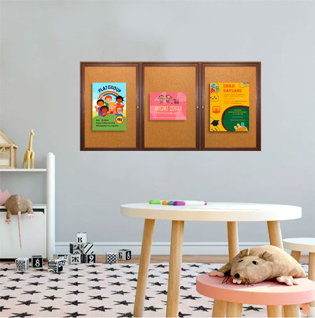 84 x 36 WOOD Indoor Enclosed Bulletin Cork Boards with Interior Lighting (3 DOORS)