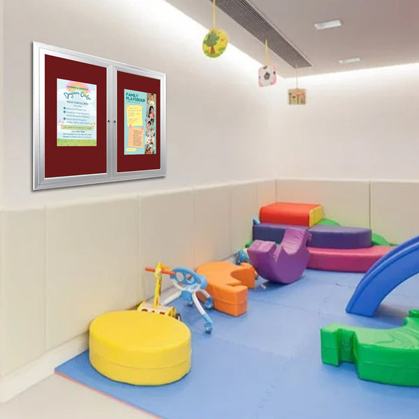 Indoor 60x60 Enclosed Bulletin Board with Two Doors + Smooth Radius Edge Metal Cabinet Corners