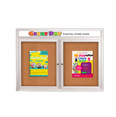 Enclosed Indoor Enclosed Bulletin Boards 96 x 24 w Message Header + Radius Edge 2 DOOR
