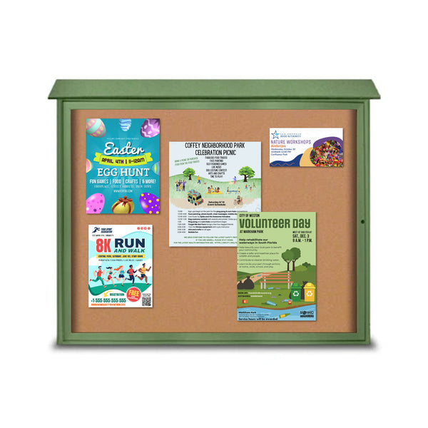 30" x 36" Eco-Friendly Outdoor Message Center Cork Board with Header | Left-Hinged Single Door, Wall Mount Faux Wood Cabinet