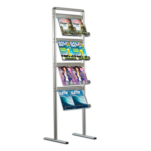 4-TIERED Literature Stand with Acrylic Brochure Racks | Single Sided in Silver Finish | Display 8.5x11 or 4x9 Materials