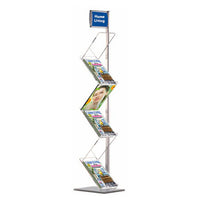 Magazine Brochure Stand with Angled Acrylic Shelves and Header Panel (for 85x11 Brochures, Flyers, Advertisements)