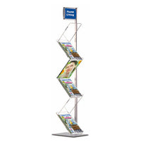 6-TIER Magazine Brochure Stand with Header Panel in Silver Finish
