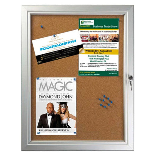 19 x 25 WEATHERPROOF Notice Cork Board Display Case | Slim Wall Frame Holds (4) 8.5x11 Postings | Silver