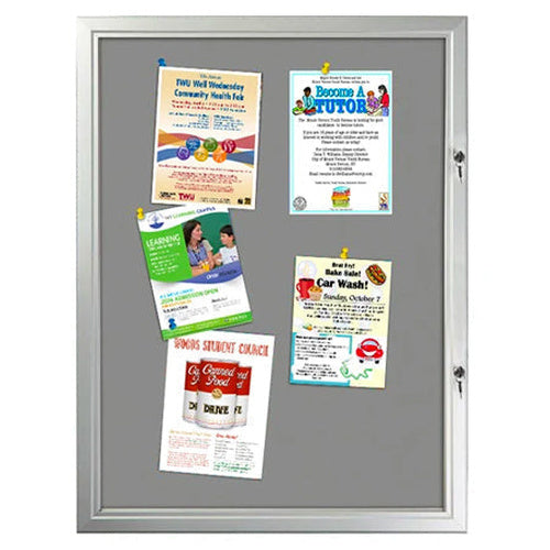 28 x 38 WEATHERPROOF Notice Board Enclosed with GRAY Felt Cork Holds (9) 8.5x11 Postings | Lockable Silver Display Case