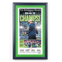 Seattle Seahawks Superbowl 60 Newspaper Wood Display Frame | Shown with Marine Blue frame finish and Irish Green matboard