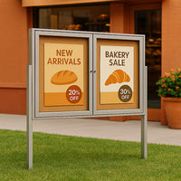 Freestanding 2 Door Enclosed Outdoor Bulletin Boards 60" x 24" with Lights + Posts