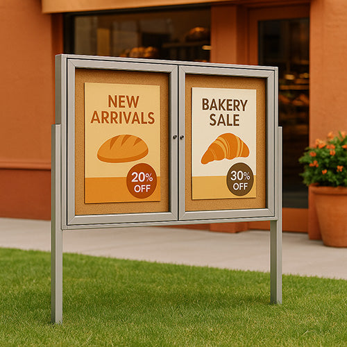 Freestanding 2 Door Enclosed Outdoor Bulletin Boards 60" x 24" with Lights + Posts