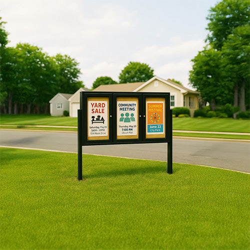 Freestanding 3 Door Enclosed Outdoor Bulletin Boards 96" x 36" with Lights + Posts