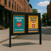 Freestanding 2 Door Enclosed Outdoor Bulletin Boards 84" x 24" with Lights + Posts