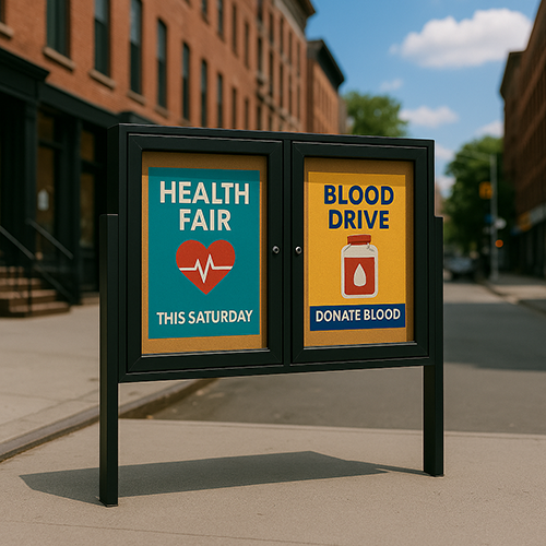 Freestanding 2 Door Enclosed Outdoor Bulletin Boards 84" x 24" with Lights + Posts