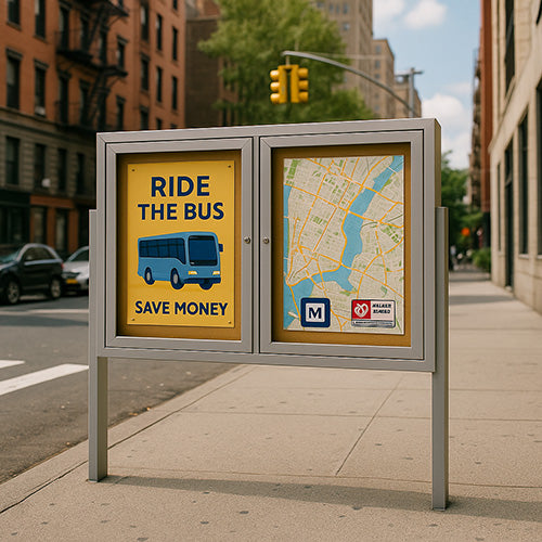 Freestanding 2 Door Enclosed Outdoor Bulletin Boards 60" x 60" with Lights + Posts