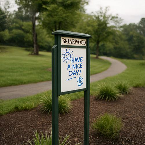 32" x 48" Standing Outdoor Message Center Magnetic White Dry Erase Board with Header (Single Door)