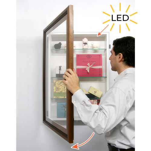 SwingFrame Designer Wood Wall Mount Lighted Display Case with Glass Shelves 12” Deep