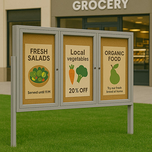 Freestanding 3 Door Enclosed Outdoor Bulletin Boards 72" x 36" with Lights + Posts