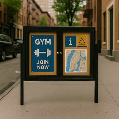 Freestanding 2 Door Enclosed Outdoor Bulletin Boards 50" x 50" with Lights + Posts