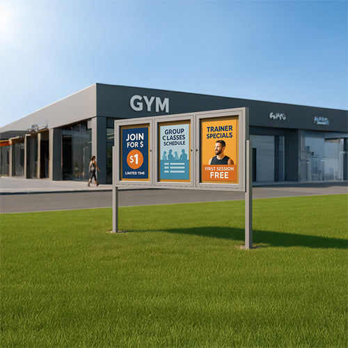 Free-Standing 3-Door Outdoor Bulletin Board 72x48 on Posts with LED Lighting + Metal Display Case