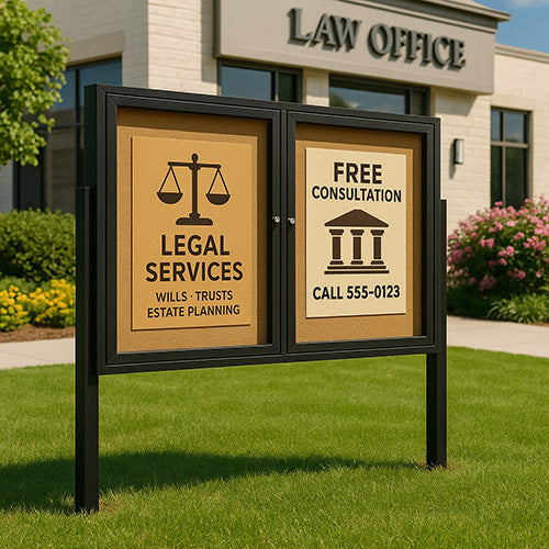 Freestanding 2 Door Enclosed Outdoor Bulletin Boards 60" x 36" with Lights + Posts