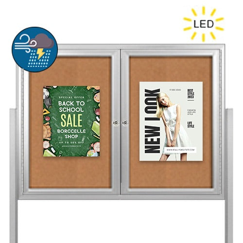 Freestanding 2 Door Enclosed Outdoor Bulletin Boards 40" x 40" with Lights + Posts