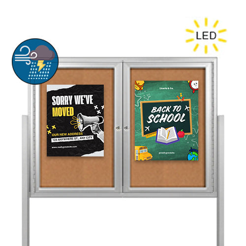 Freestanding 2 Door Enclosed Outdoor Bulletin Boards 50" x 50" with Lights + Posts