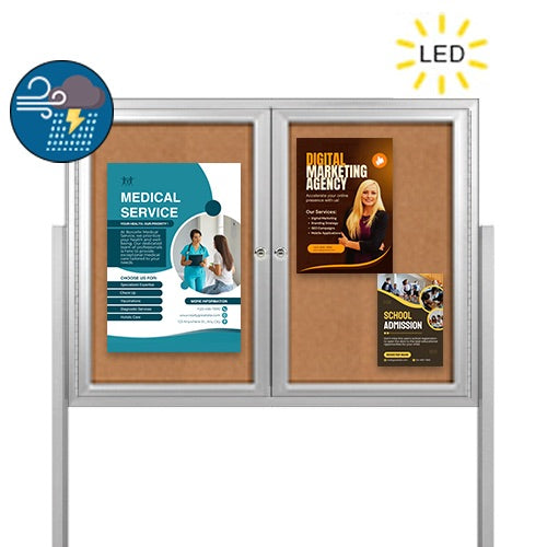 Freestanding 2 Door Enclosed Outdoor Bulletin Boards 60" x 24" with Lights + Posts