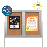 Freestanding 2 Door Enclosed Outdoor Bulletin Boards 60" x 36" with Lights + Posts