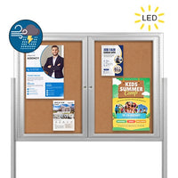 Freestanding 2 Door Enclosed Outdoor Bulletin Boards 60" x 40" with Lights + Posts